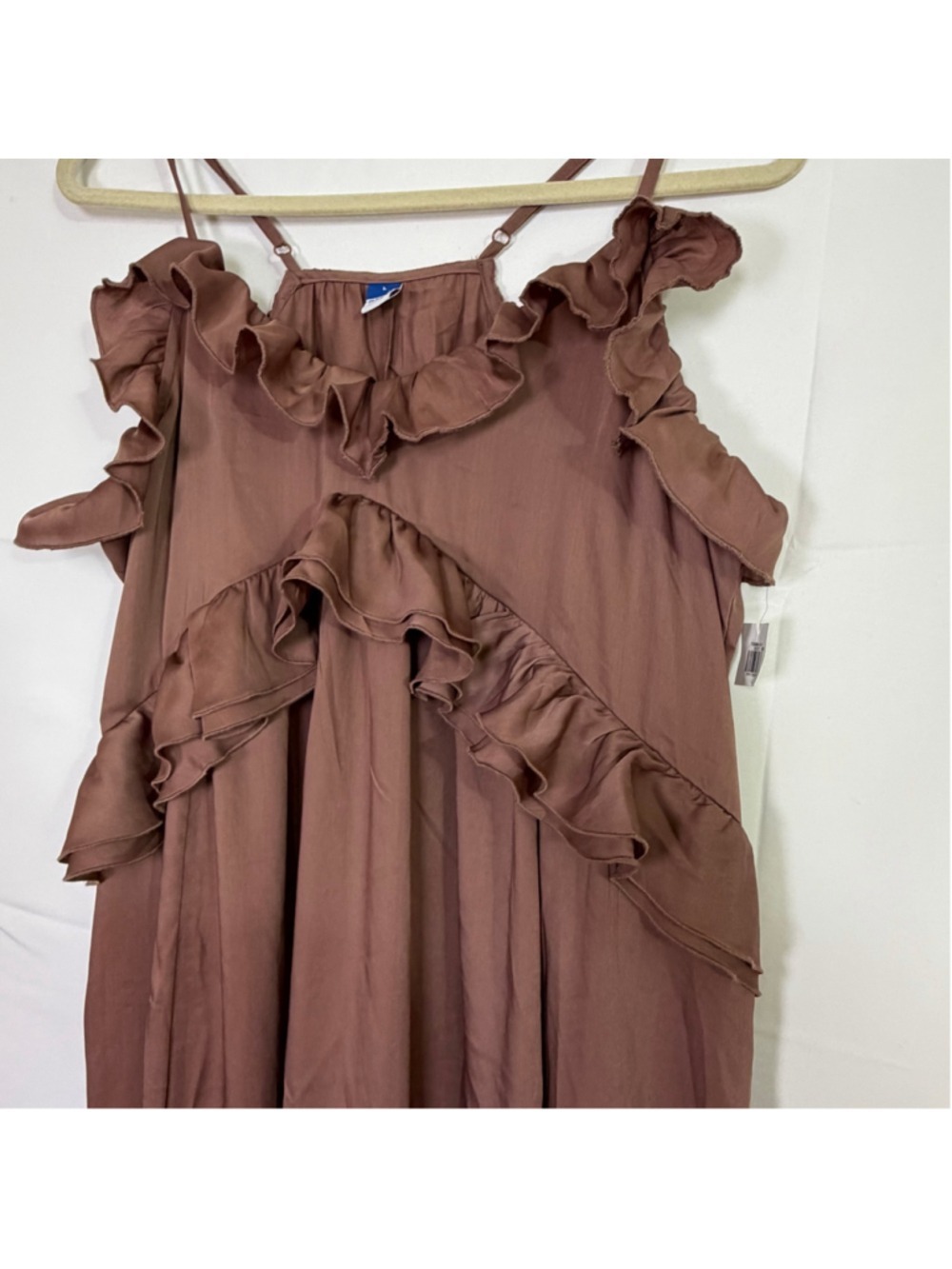 NWT Old Navy Ruffled Satin Boho Maxi Dress Warm Taupe Brown Size L - Picture 3 of 8